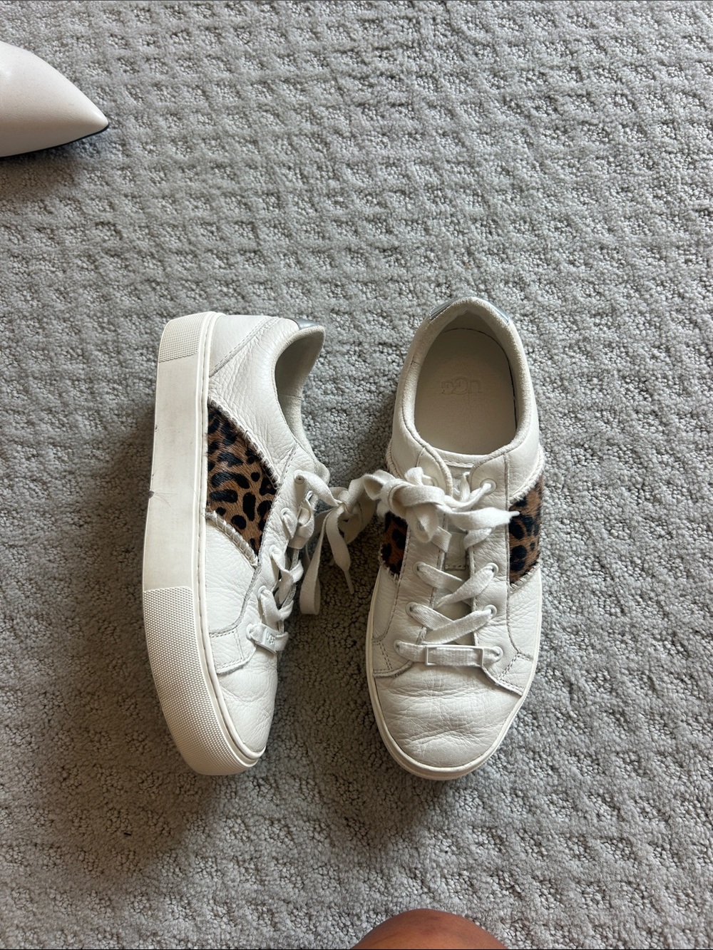 UGG White Leather Sneakers with Leopard Side Panel
